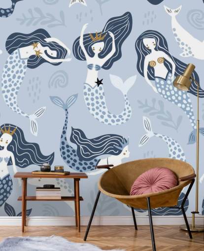 fond d'écran sirènes et dauphins dessin animé bleu