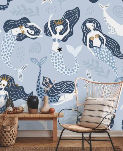 fondo de pantalla de sirenas y delfines de dibujos animados azules