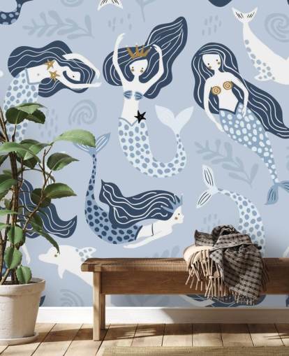 carta da parati blu con sirene e delfini