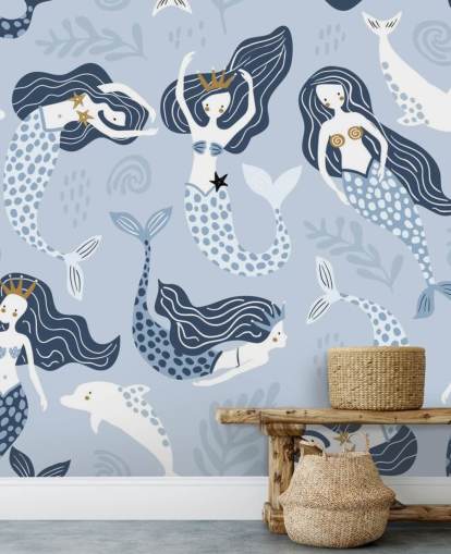 blue cartoon mermaids and dolphins wallpaper