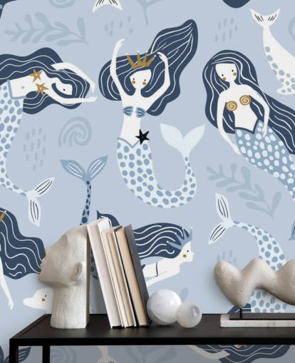 blue cartoon mermaids and dolphins wallpaper