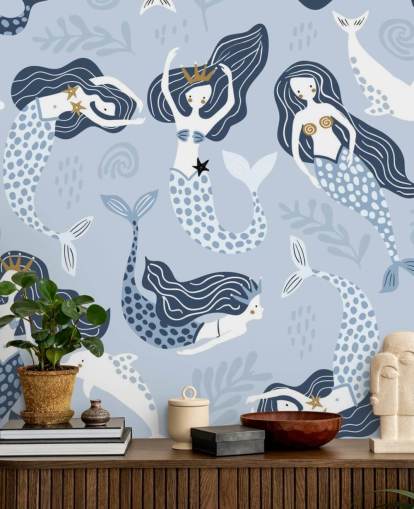 blue cartoon mermaids and dolphins wallpaper