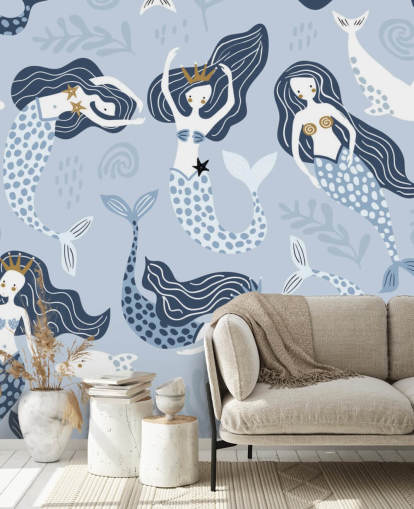 blauw cartoon zeemeerminnen en dolfijnen behang