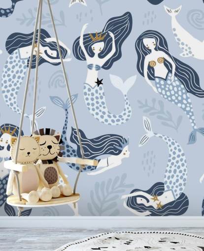 papel de parede azul sereias e golfinhos dos desenhos animados papel de parede azul sereias e golfinhos dos desenhos animados