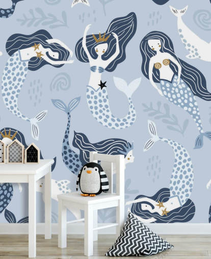 blue cartoon mermaids and dolphins wallpaper
