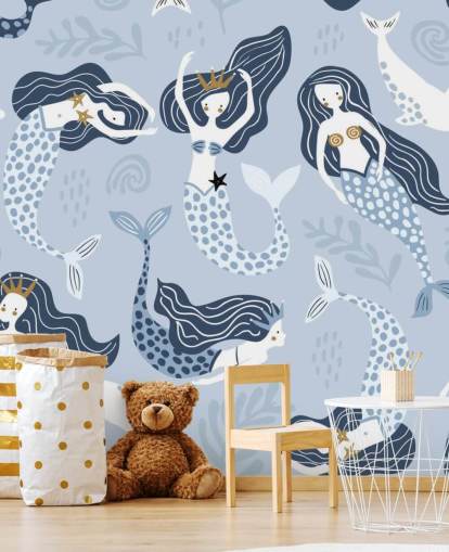 blue cartoon mermaids and dolphins wallpaper