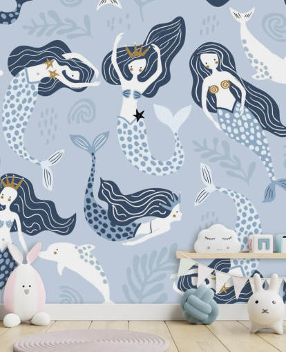 carta da parati blu con sirene e delfini