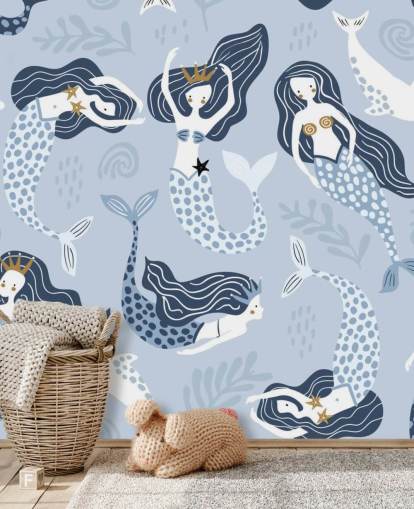 papel de parede azul sereias e golfinhos dos desenhos animados