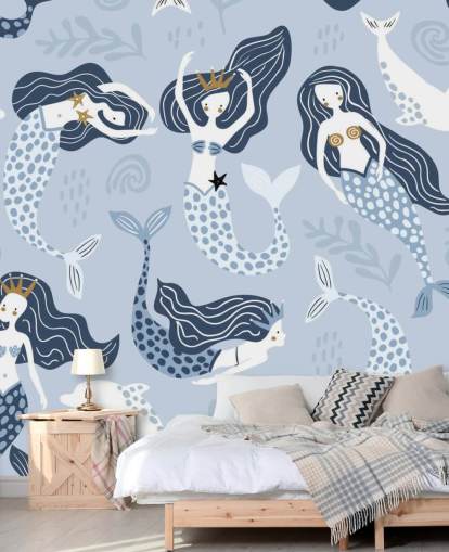 blue cartoon mermaids and dolphins wallpaper