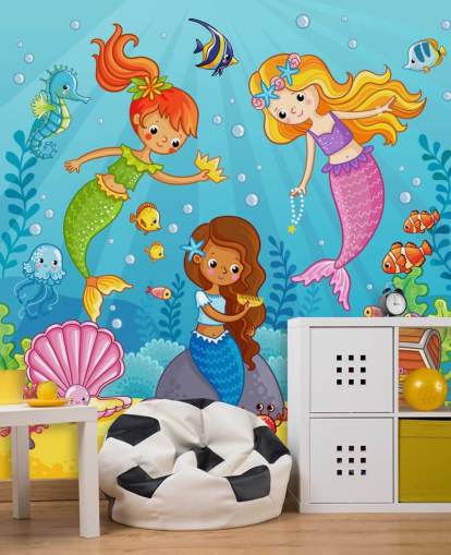 personaggi dei cartoni animati sirena giocando con carta da parati