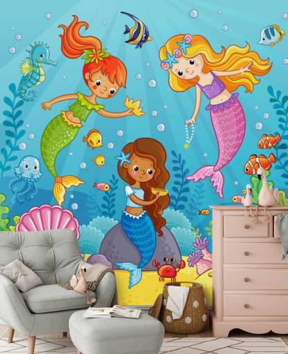 mermaid cartoon characters playing with treasure wallpaper mermaid cartoon characters playing with treasure wallpaper