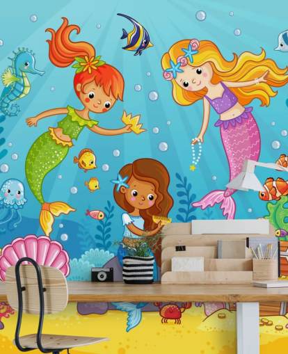 mermaid cartoon characters playing with treasure wallpaper
