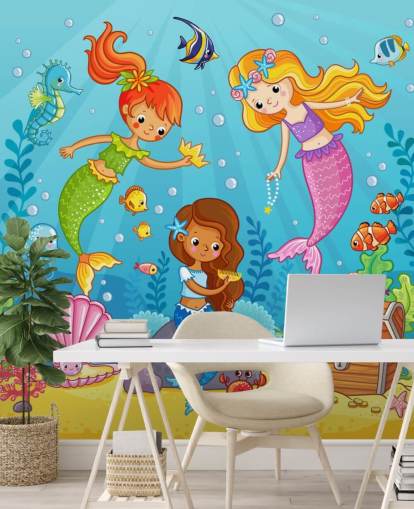 mermaid cartoon characters playing with treasure wallpaper mermaid cartoon characters playing with treasure wallpaper