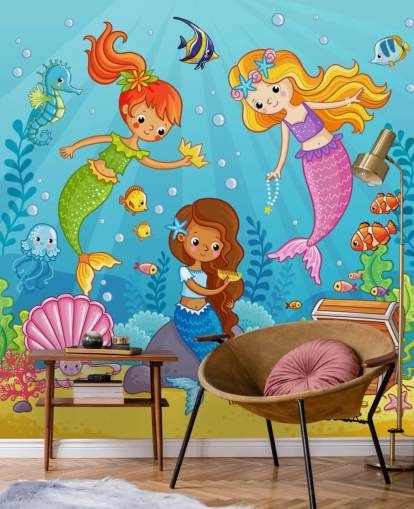 mermaid cartoon characters playing with treasure wallpaper