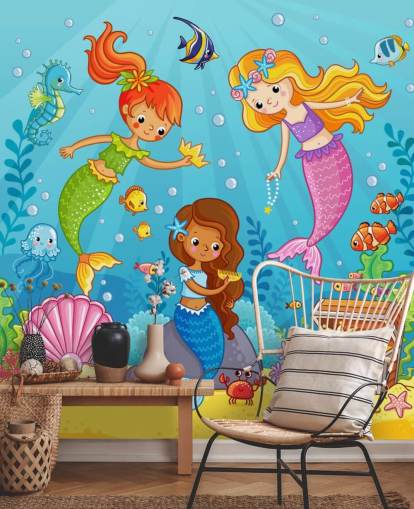 mermaid cartoon characters playing with treasure wallpaper