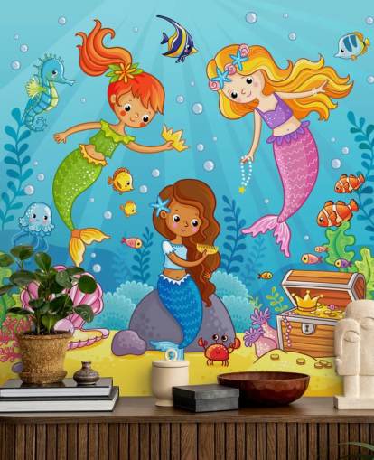 mermaid cartoon characters playing with treasure wallpaper