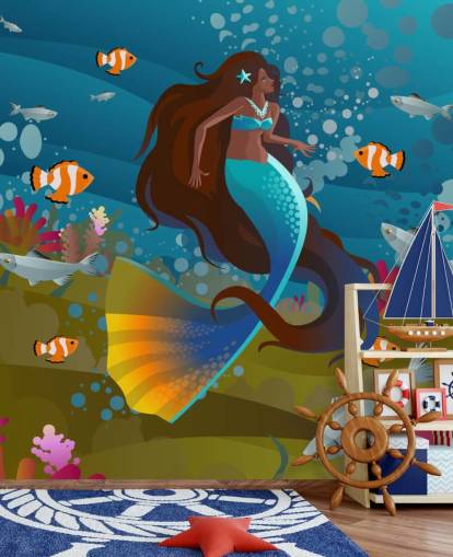 sirena con cola azul con fondo de pantalla de peces y coral sirena con cola azul con fondo de pantalla de peces y coral