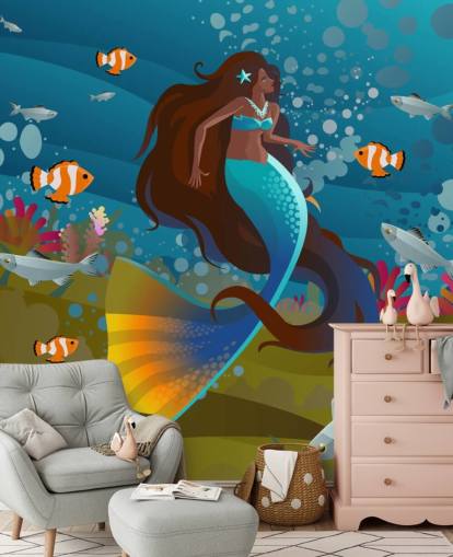 merenneito sininen häntä kala ja koralli tapetti