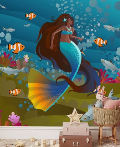sirena con coda blu con pesce e carta da parati corallo
