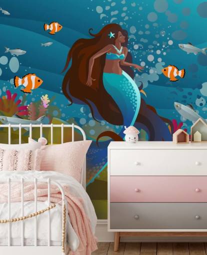 sirena con cola azul con fondo de pantalla de peces y coral