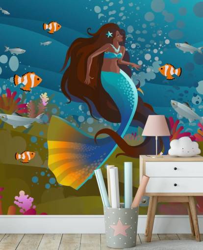 mermaid with a blue tail with fish and coral wallpaper