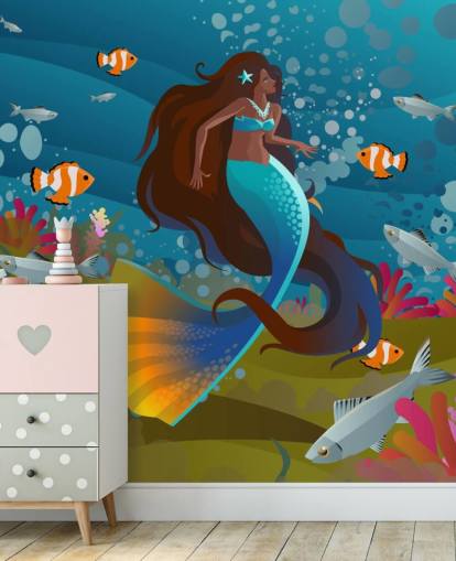 sereia com cauda azul com papel de parede de peixe e coral