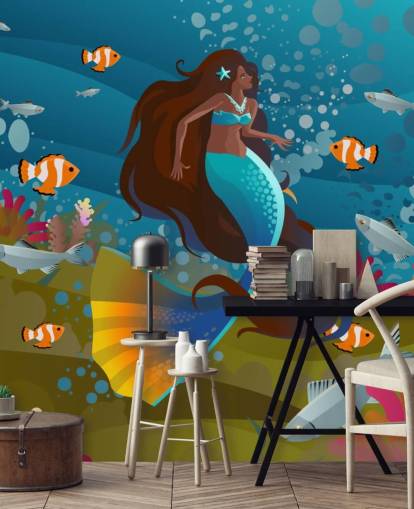 mermaid with a blue tail with fish and coral wallpaper