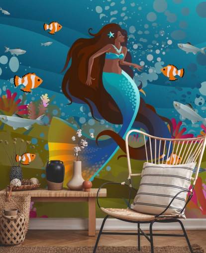 mermaid with a blue tail with fish and coral wallpaper mermaid with a blue tail with fish and coral wallpaper