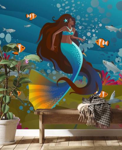 mermaid with a blue tail with fish and coral wallpaper