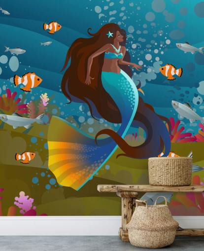 mermaid with a blue tail with fish and coral wallpaper
