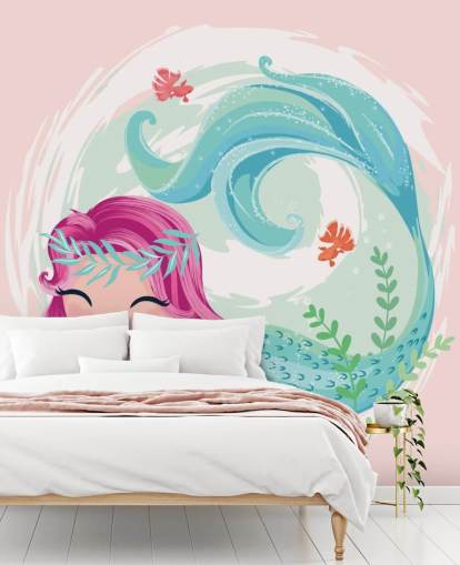 smiling mermaid with purple hair and blue wreath crown wallpaper