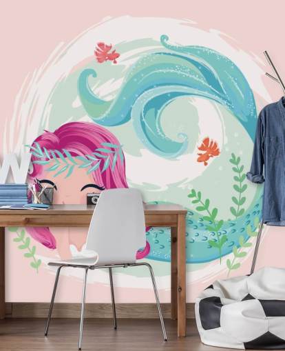 lachende zeemeermin met paars haar en blauwe krans kroon behang