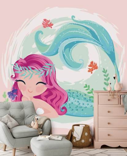 smiling mermaid with purple hair and blue wreath crown wallpaper