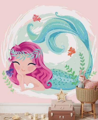 sirena sonriente con pelo morado y corona de corona azul papel tapiz