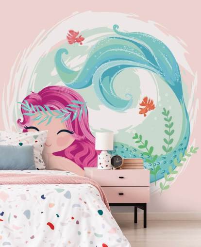 sirena sorridente con capelli viola e carta da parati corona corona blu