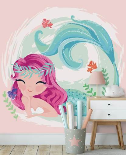 sirena sonriente con pelo morado y corona de corona azul papel tapiz