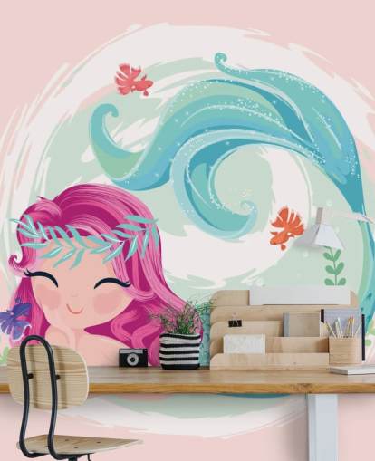 smiling mermaid with purple hair and blue wreath crown wallpaper