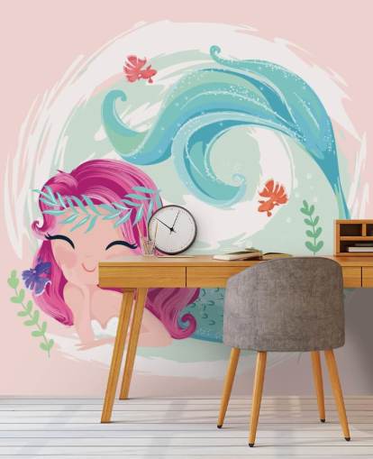 smiling mermaid with purple hair and blue wreath crown wallpaper