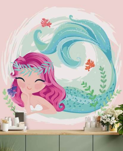smiling mermaid with purple hair and blue wreath crown wallpaper