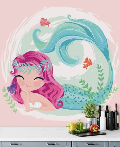 sirena sonriente con pelo morado y corona de corona azul papel tapiz