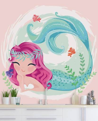 smiling mermaid with purple hair and blue wreath crown wallpaper