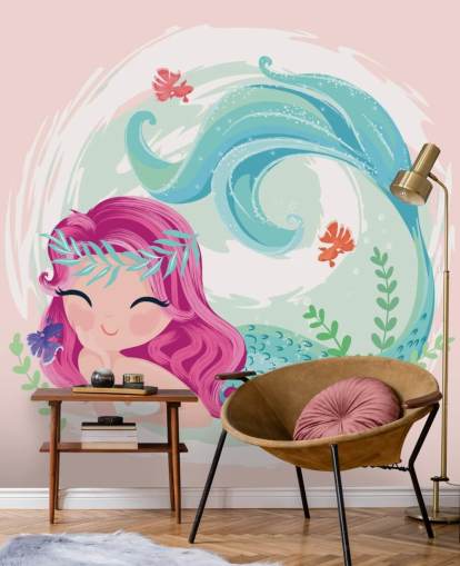 smiling mermaid with purple hair and blue wreath crown wallpaper