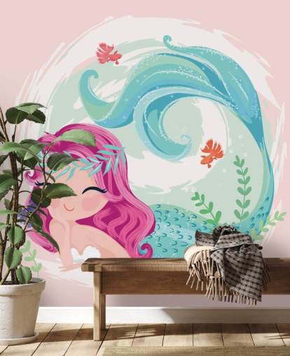 sirena sonriente con pelo morado y corona de corona azul papel tapiz sirena sonriente con pelo morado y corona de corona azul papel tapiz