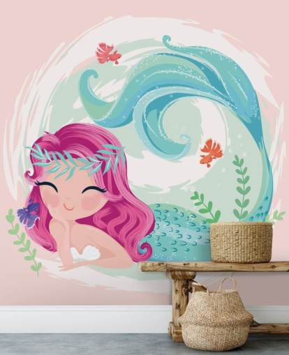 smiling mermaid with purple hair and blue wreath crown wallpaper