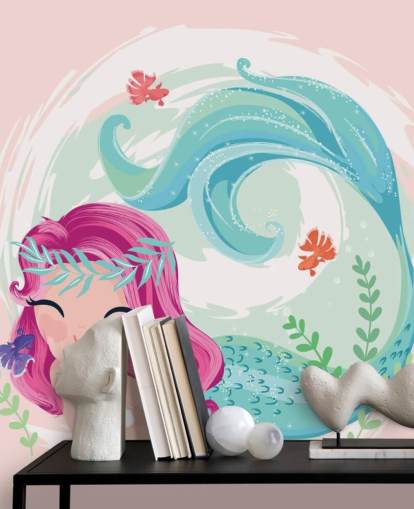 smiling mermaid with purple hair and blue wreath crown wallpaper