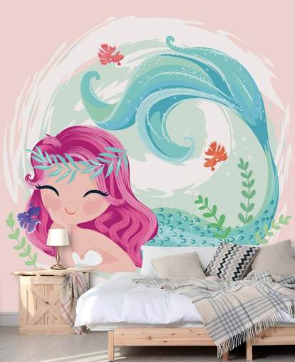 smiling mermaid with purple hair and blue wreath crown wallpaper