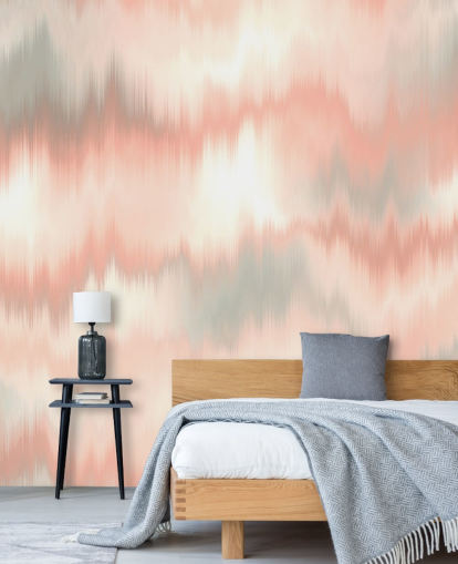 papel de parede tie dye pêssego, branco e cinza