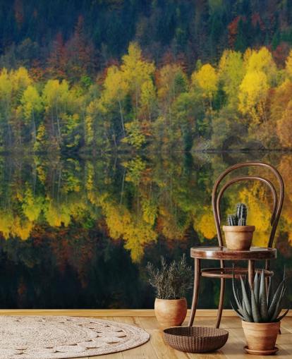 orange autumnal trees by a lake reflecting their image wallpaper orange autumnal trees by a lake reflecting their image wallpaper