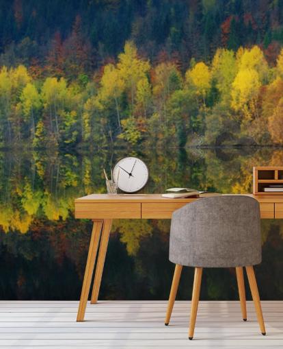 orange autumnal trees by a lake reflecting their image wallpaper