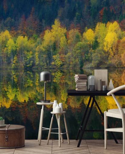 oransje høsttrær ved en innsjø som reflekterer deres bilde tapet oransje høsttrær ved en innsjø som reflekterer deres bilde tapet